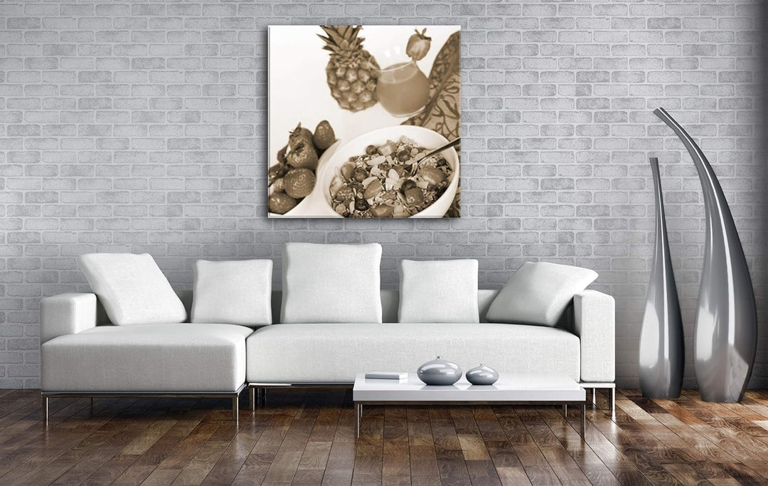 deyoli gesundes Müsli mit Obst im Format: 60x60 Effekt: Sepia als Leinwandbild, Motiv auf Echtholzra