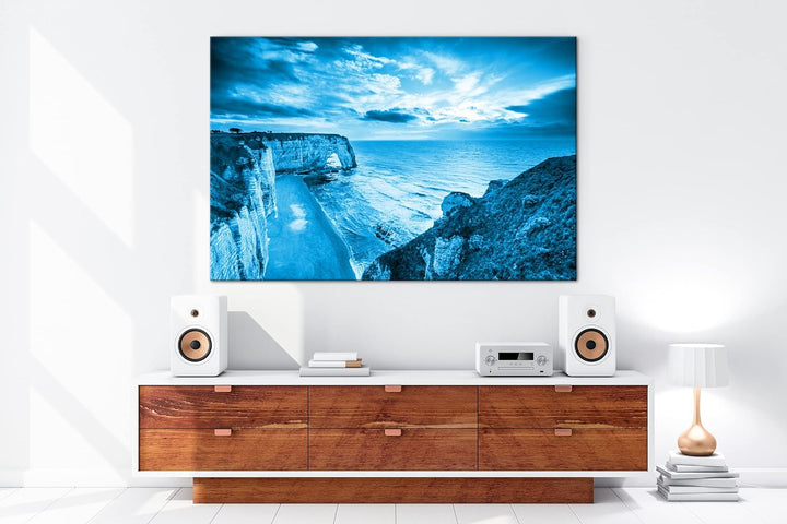 bezaubernder Strand in der Normandie Format 80x60 Effekt: Monocrome Blau als Leinwandbild, Motiv fer