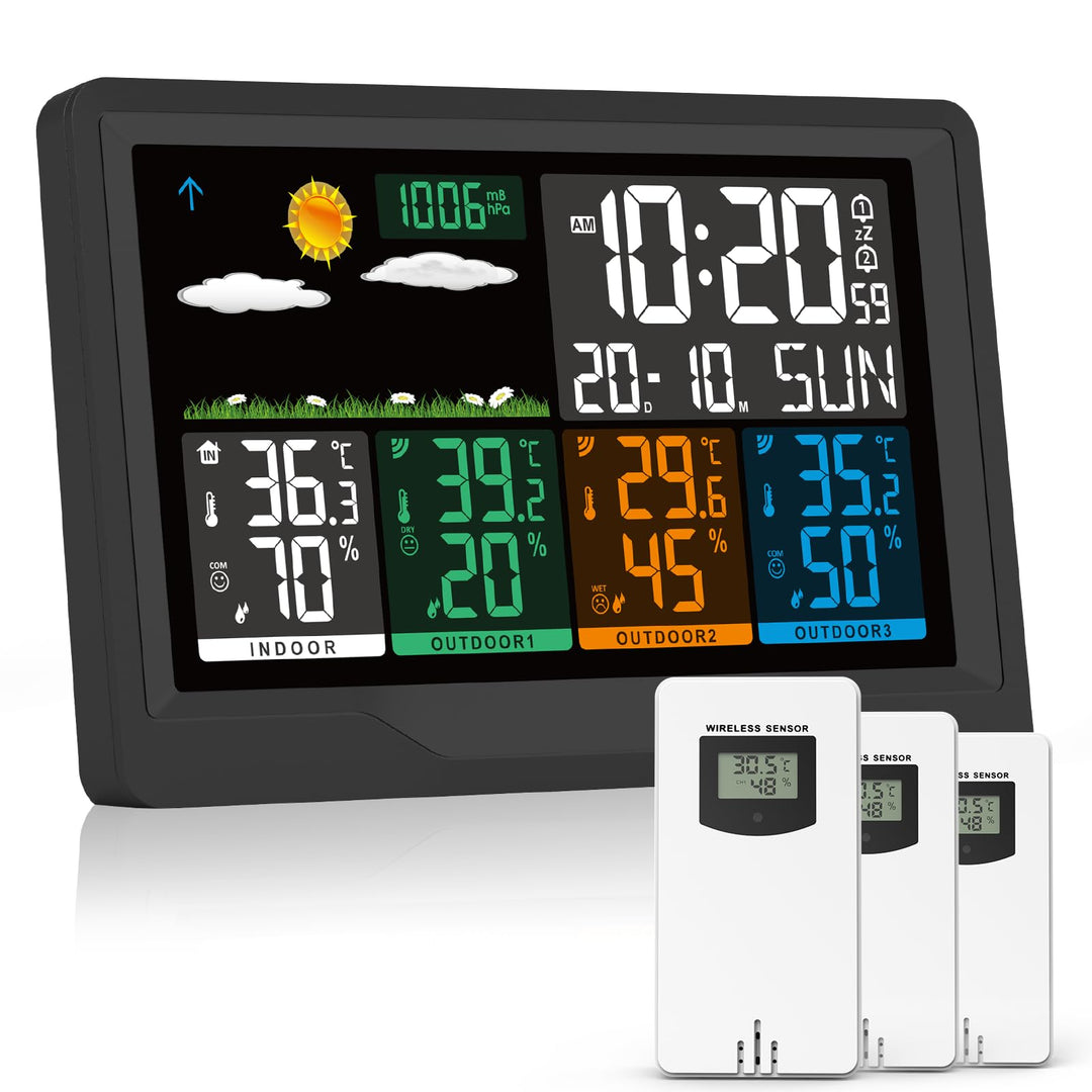 Wetterstation Funk mit Aussensensor, Wetterstation Funk mit 3 Aussensensor, 7,5" VA-Farbdisplay Funk
