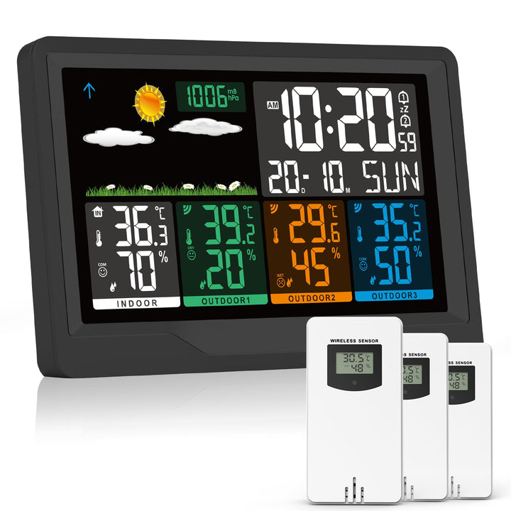 Wetterstation Funk mit Aussensensor, Wetterstation Funk mit 3 Aussensensor, 7,5" VA-Farbdisplay Funk
