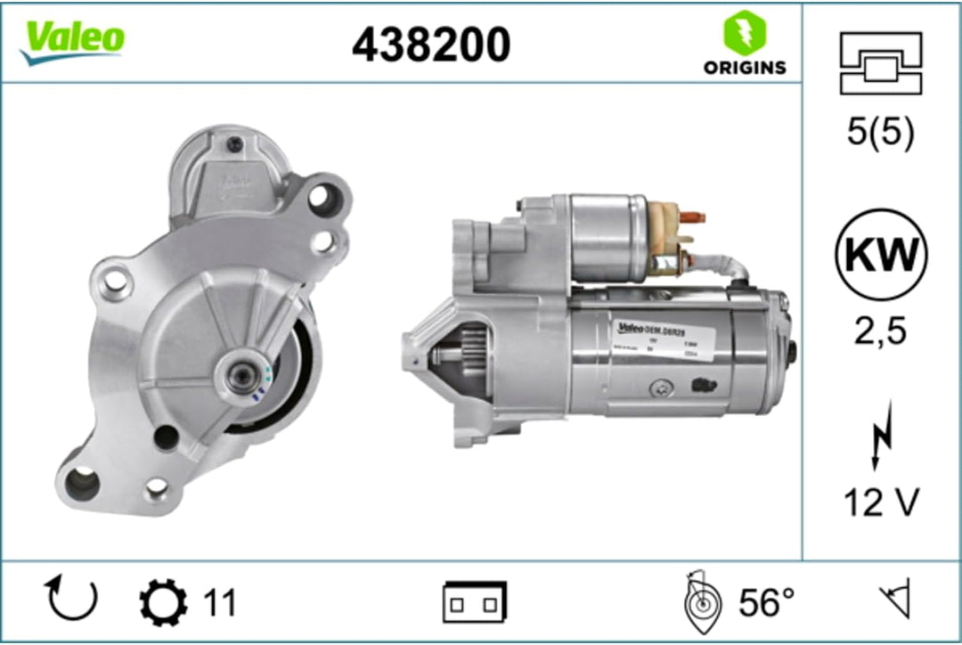 VALEO 438200 Starter Nennleistung: 2,5 kW Stop & Start: NO Zähnezahl: 11 zähne Spannung: 12 V Drehri
