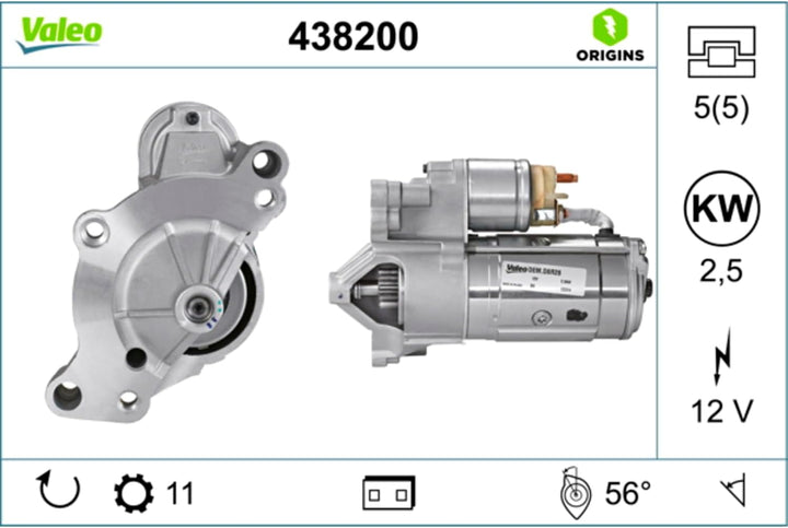 VALEO 438200 Starter Nennleistung: 2,5 kW Stop & Start: NO Zähnezahl: 11 zähne Spannung: 12 V Drehri