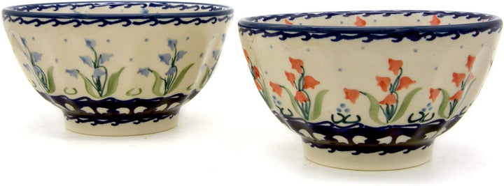 Bunzlauer Mehrzweckschalen 13,5 cm geriffelt im Set zu 2 Stück (Dekore Campanula Rot und Blau), Deko