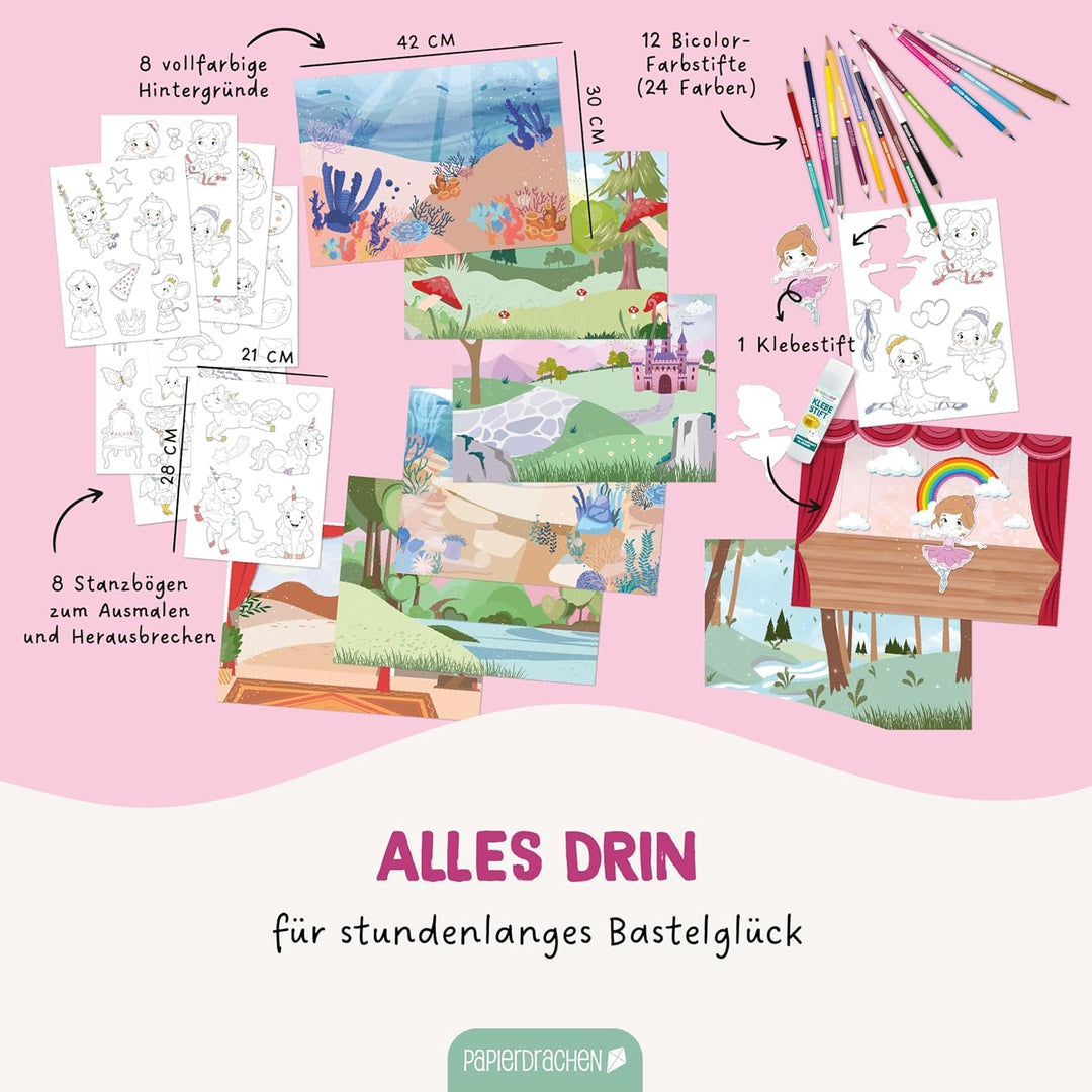 Papierdrachen Bastelbox Märchen & Traumwelten – Komplett-Set -inkl. Stanzbögen u. Hintergründen – 12