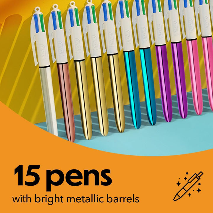 BIC 4-farbiges Rainbow Shine Limited Edition-Set, Box mit 15 Stiften, einziehbare Kugelschreiber, mi