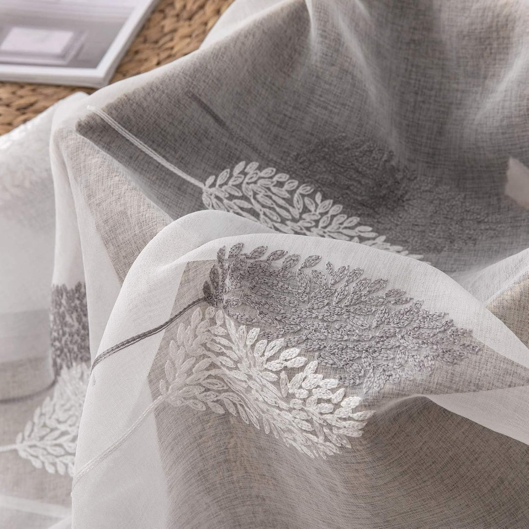 MIULEE Vorhänge mit Grau und Weiss Blätter Muster, Schöne Stickerei Vorhang Transparent, Dekoration