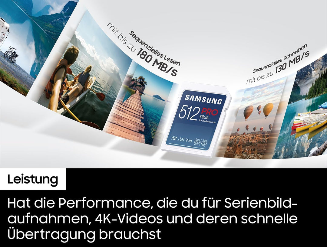 Samsung PRO Plus SD-Karte, 512 GB, UHS-I U3, Full HD & 4K UHD, 180 MB/s Lesen, 130 MB/s Schreiben, S