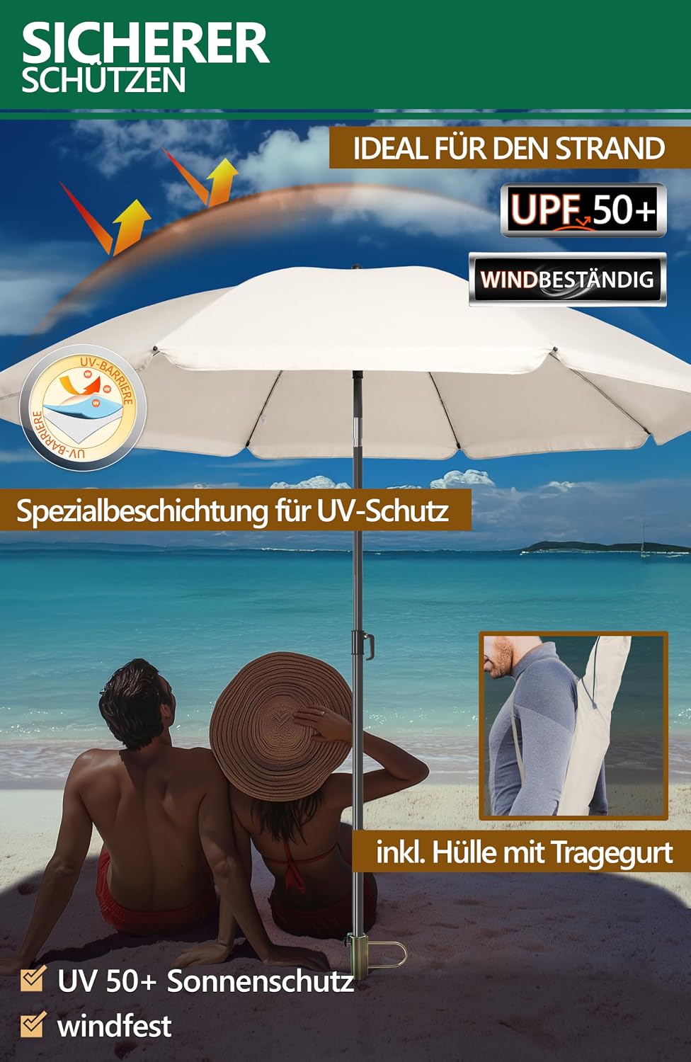 4smile Sonnenschirm Strand SunnyJoy Modern im 3er-Set, Beige - Strandschirm windfest stabil 180 cm +