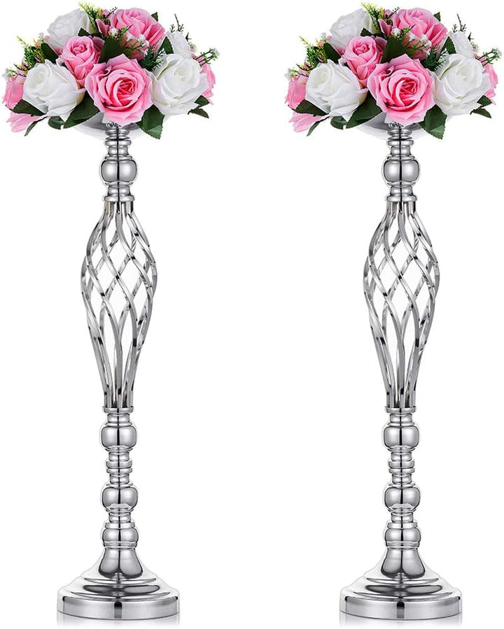 NUPTIO Satz von 2 Vielseitigen Silber Blumen Arrangement Ständer 59cm Höhe & Stumpen Kerzenhalter Se