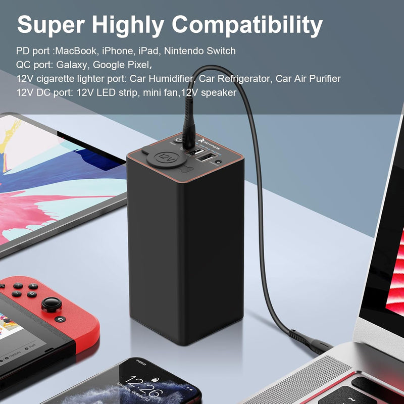RoyPow Tragbares Ladegerät 30W PD USB-C Power Bank mit 12V Zigarettenanzünder Steckdose, externem Ak
