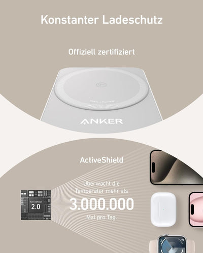 Anker MagGo 3-in-1 Ladestation, Qi2 zertifizierter 15W kabelloser Ladeständer, MagSafe kompatibel, A