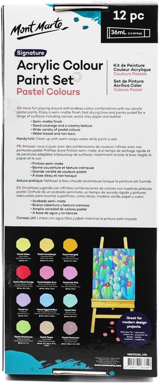 Mont Marte Acrylfarben Set Pastell – 12 x 36ml – Starke Deckkraft und Seidenmattes Finish – Pastellf