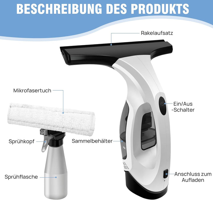 HSHa 3 in 1 Fenstersauger, kabelloser Handstaubsauger für Fenster, Spiegel, Duschen, 28 cm Gummiwisc