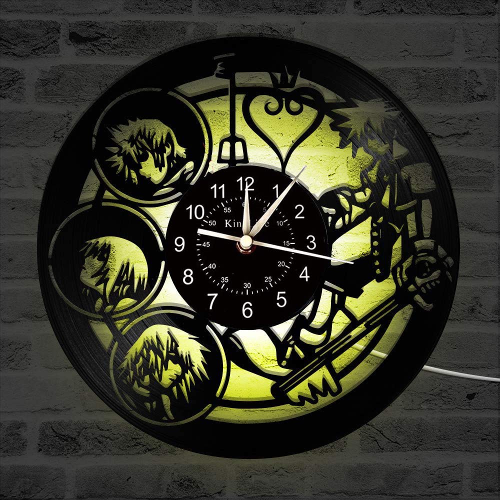 Smotly Vinyl Wanduhr, Kingdom Hearts Charakter 3D Wanddekoration grosse Uhr, LED Bunte Lichter handg