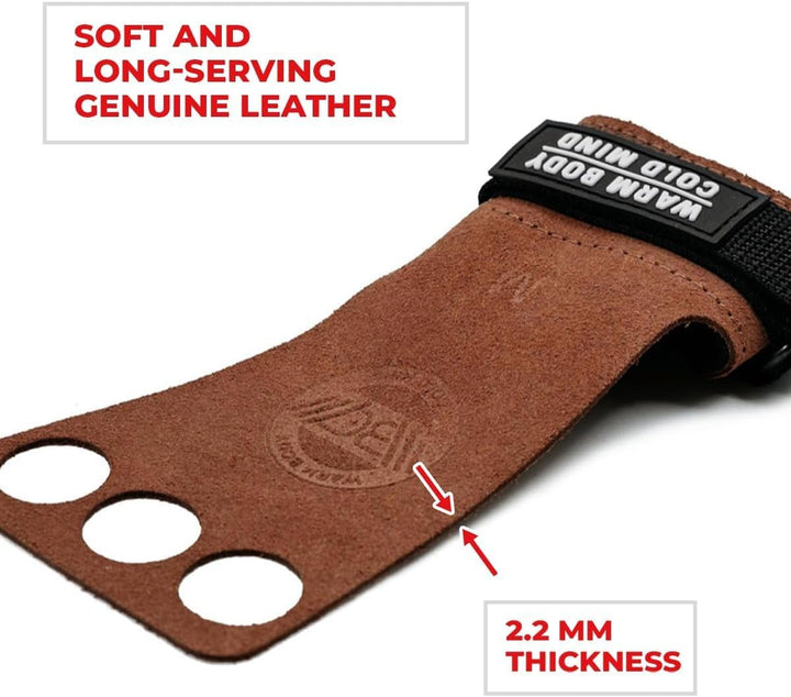 WARM BODY COLD MIND Leder Hand Grips - 3-Loch Handschuhe für Gewichtheben, Gymnastik, Crossfit, Pull