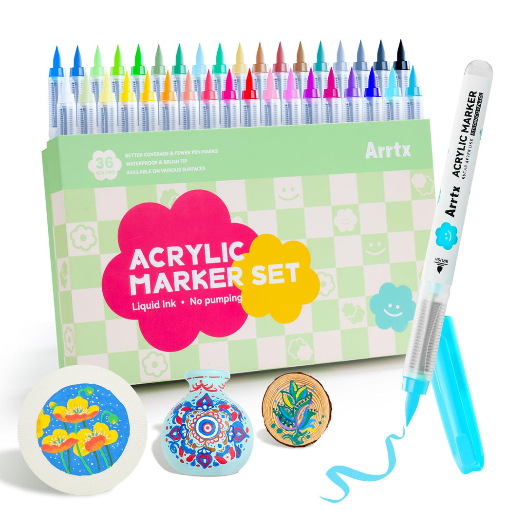 Arrtx Acrylmalstifte für Steinmalerei, 36 Farben Acrylstift Pinsel Spitze, Acryl-Marker, wasserfeste