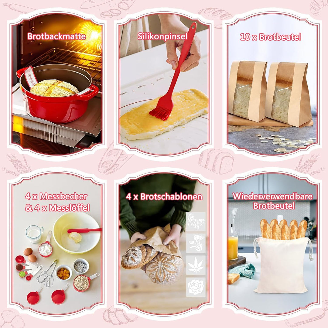 Sauerteig Starter Set, Gärkorb Brot Set mit 2 Gärkörbchen (23cm Runde & 25cm Ovale), Rattan, 1000ml