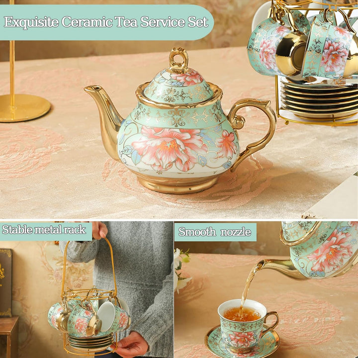 Porzellan Europäisches Teeservice,20 Teilig Keramik Kaffeeservice,Blumen Teeservice am Nachmittag,Po