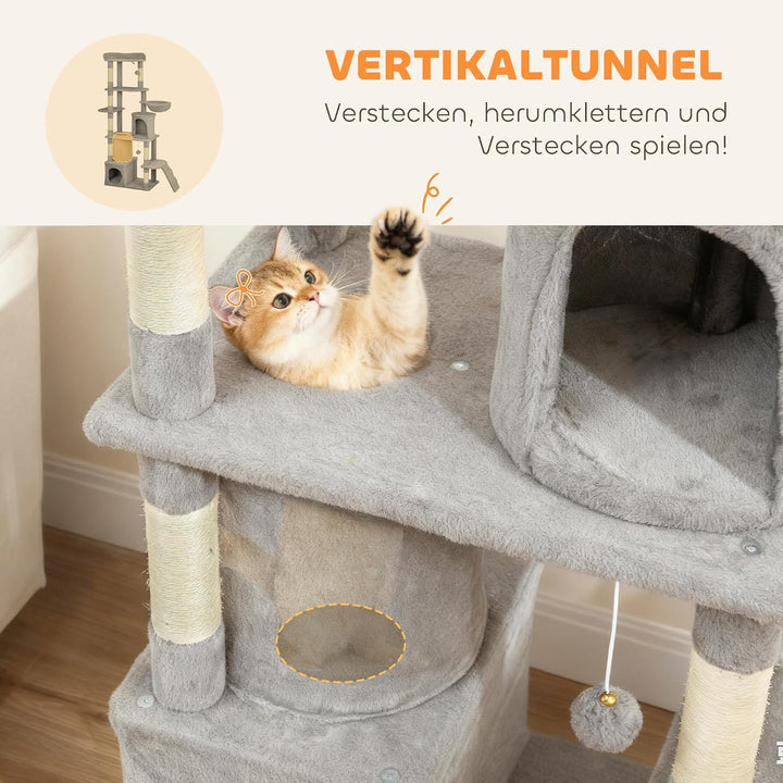 PawHut Kratzbaum 170cm Katzenturm mit Höhle 2 Plüschballen Tunnel Hellgrau | Sisalstämme, Leiter, Pl