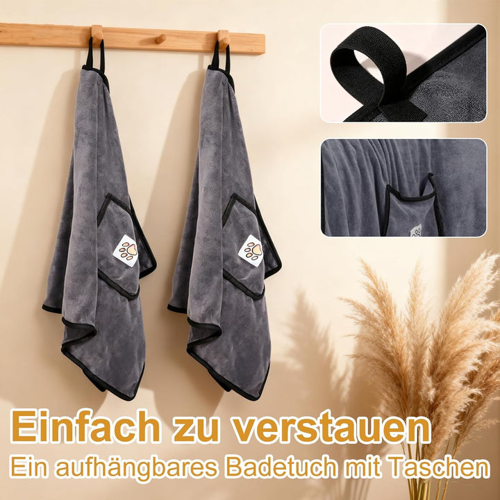 Hundehandtuch 2er Set, Hunde Handtuch Extra Saugfähig, Mikrofaser-Handtücher mit Griffaschen und Tas
