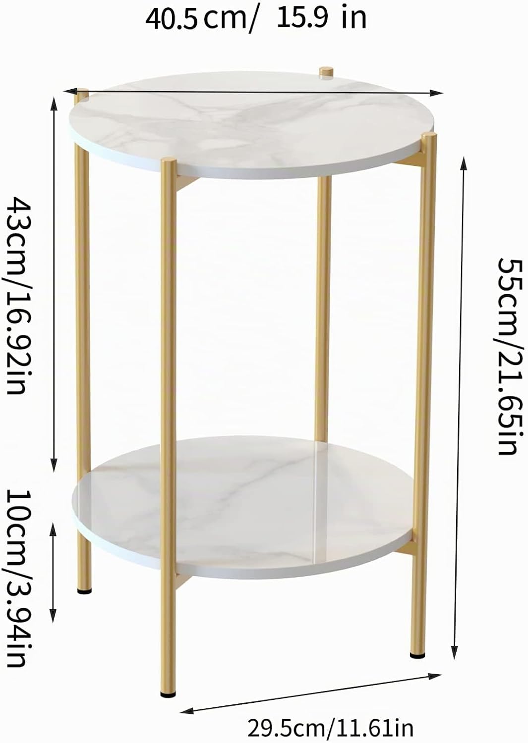 FATIVO Beistelltisch Gold Marmor Rund: 2-Ablagen Skandinavisch Beistelltisch Weiss Nachttisch 40.5×4