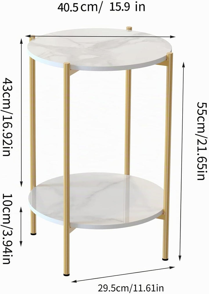 FATIVO Beistelltisch Gold Marmor Rund: 2-Ablagen Skandinavisch Beistelltisch Weiss Nachttisch 40.5×4