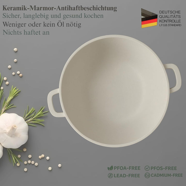 GOLDMANN 24 CM Aluguss-Kochtopf/Suppentopf (6.2L) mit Glasdeckel, Marmor-Keramik-Antihaftbeschichtun