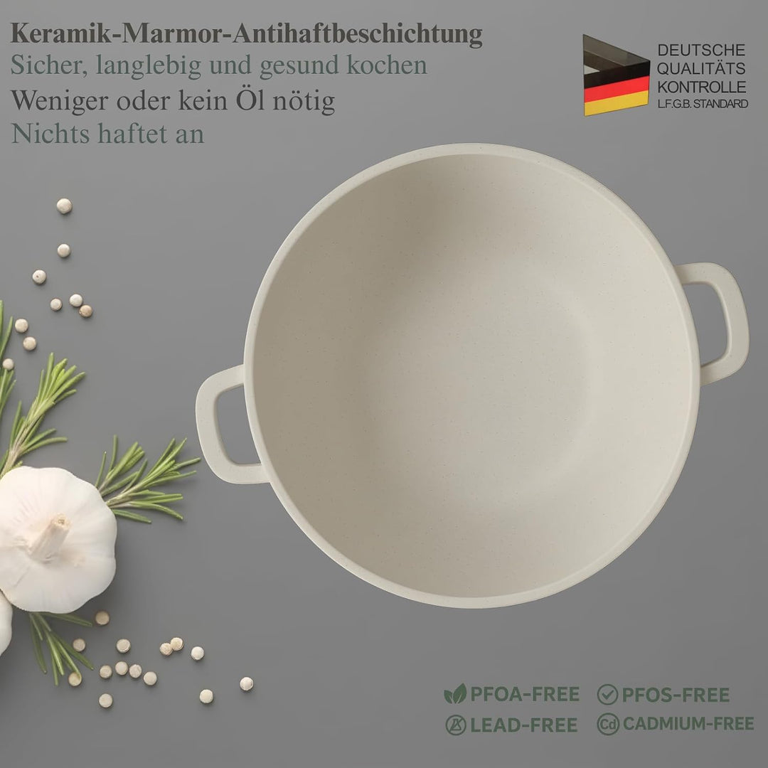 GOLDMANN 28 CM (10L) Aluguss-Kochtopf/Suppentopf mit Glasdeckel, Marmor-Keramik-Antihaftbeschichtung
