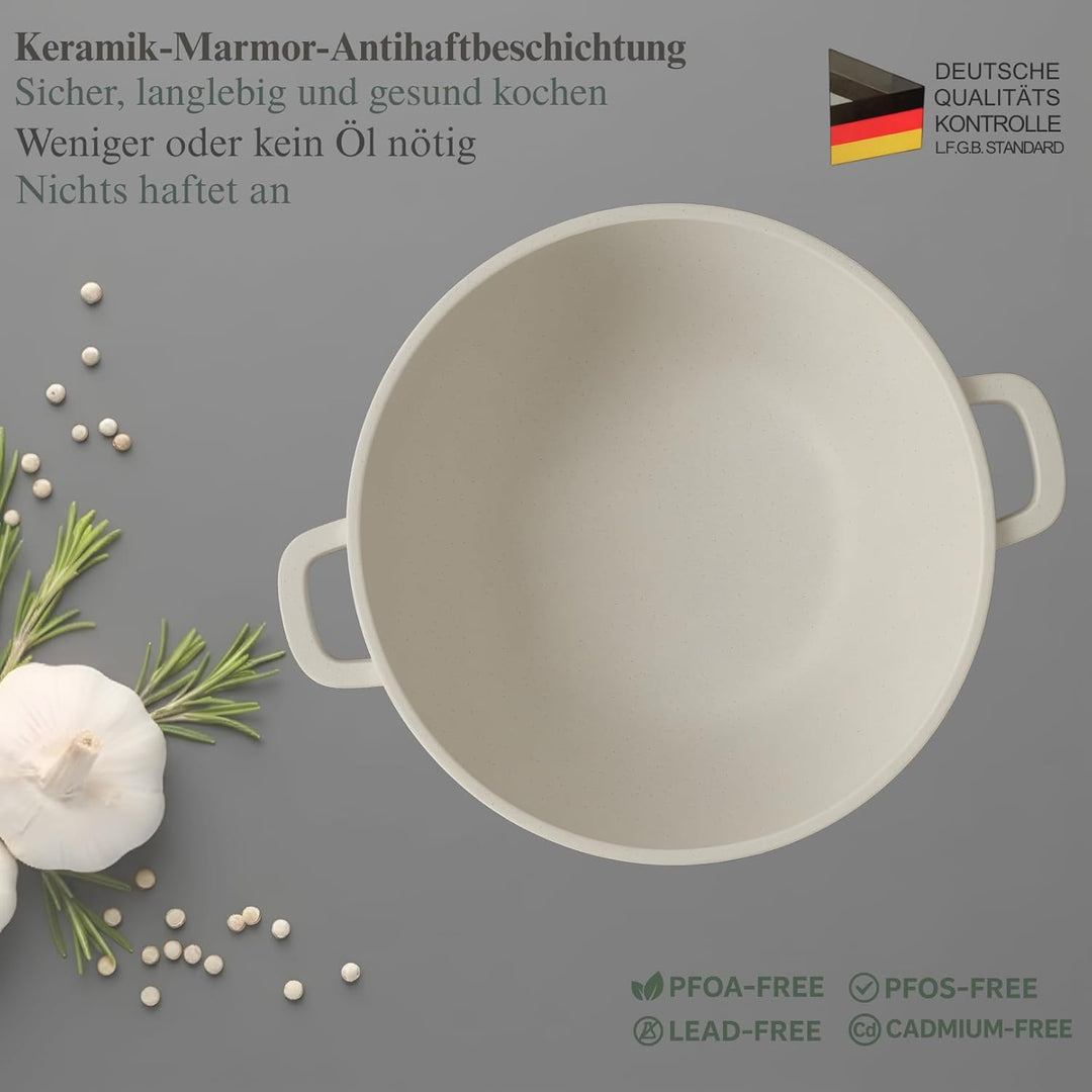 GOLDMANN 28 CM (10L) Aluguss-Kochtopf/Suppentopf mit Glasdeckel, Marmor-Keramik-Antihaftbeschichtung