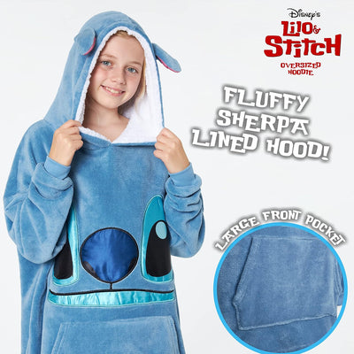 Disney Stitch Kapuzenpullover Mädchen, Übergrosse Hoodie Decke Kinder mit Sherpa-Kapuze und Kängurut