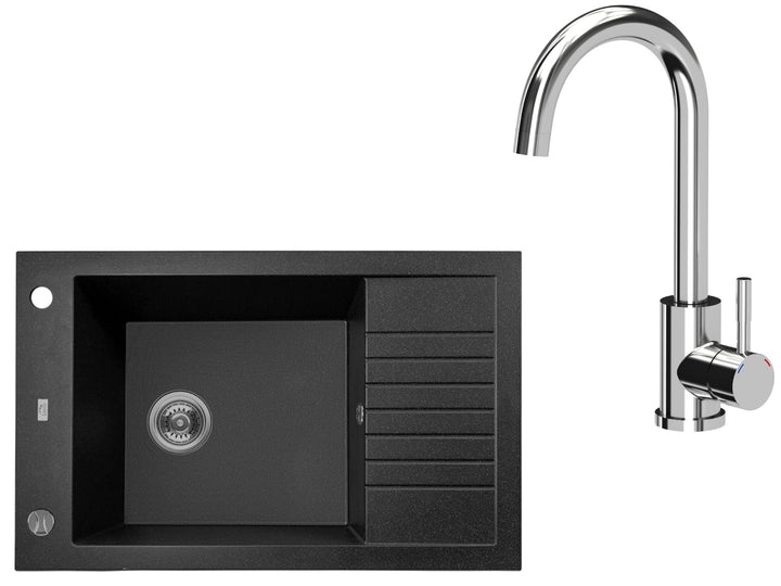 VBChome Spülbecken mit Armatur 78 x 50 cm Schwarz Granit Einzelbecken Einbauspüle gesprenkelt revers