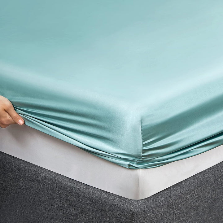 Vonty Satin-Bettlaken für King-Size-Betten, seidig weiches Satin, Aqua-Satin, 1 Spannbetttuch mit ti