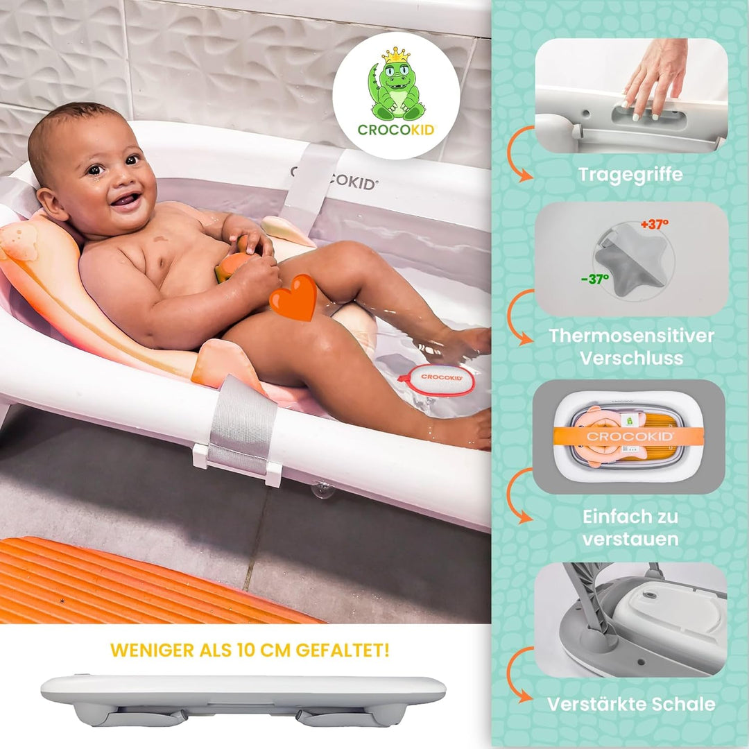 CROCOKID® Grosses Faltbares Baby-Badewannenset + 4 Unverzichtbare Zubehörteile – Tragbare XXL-Badewa