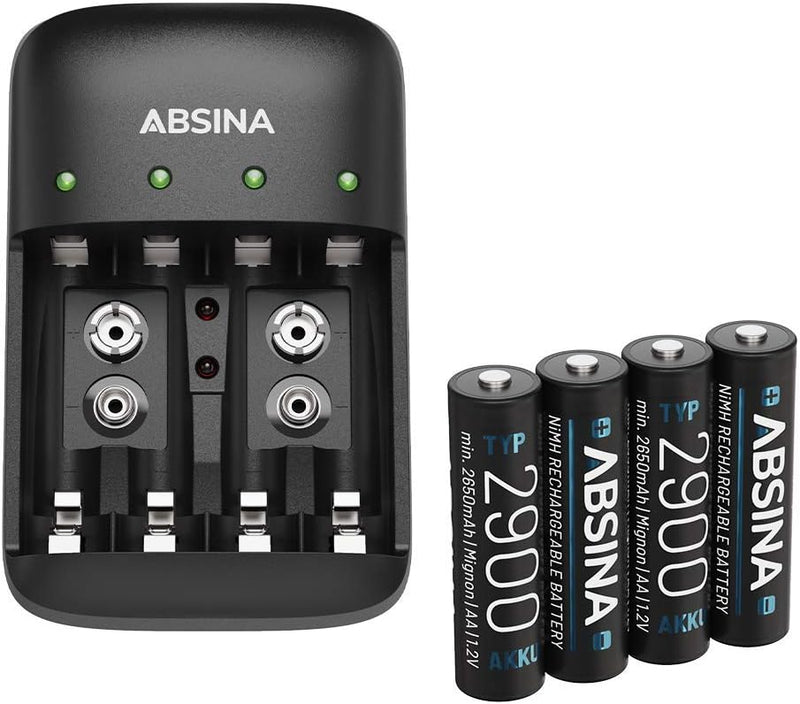 ABSINA Akku Ladegerät AA AAA & 9V Block inkl. 4X AA 2900 Akkus - NiMH Ladegerät Akku Batterien 4-Fac