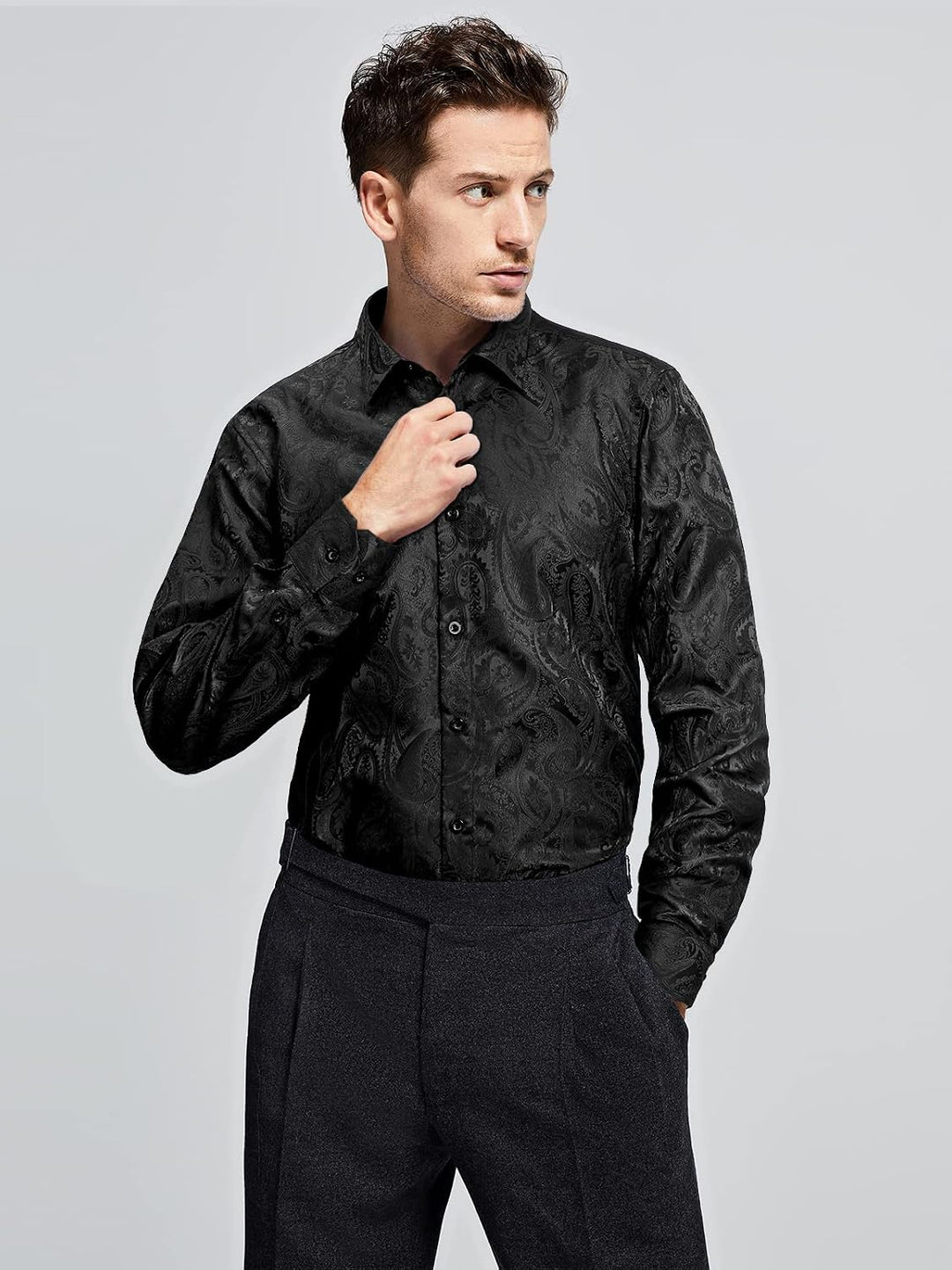 HISDERN Herren Paisley Hemd Langarm Satin Blumen Muster Hemd für Männer Jacquard Stickerei Freizeith
