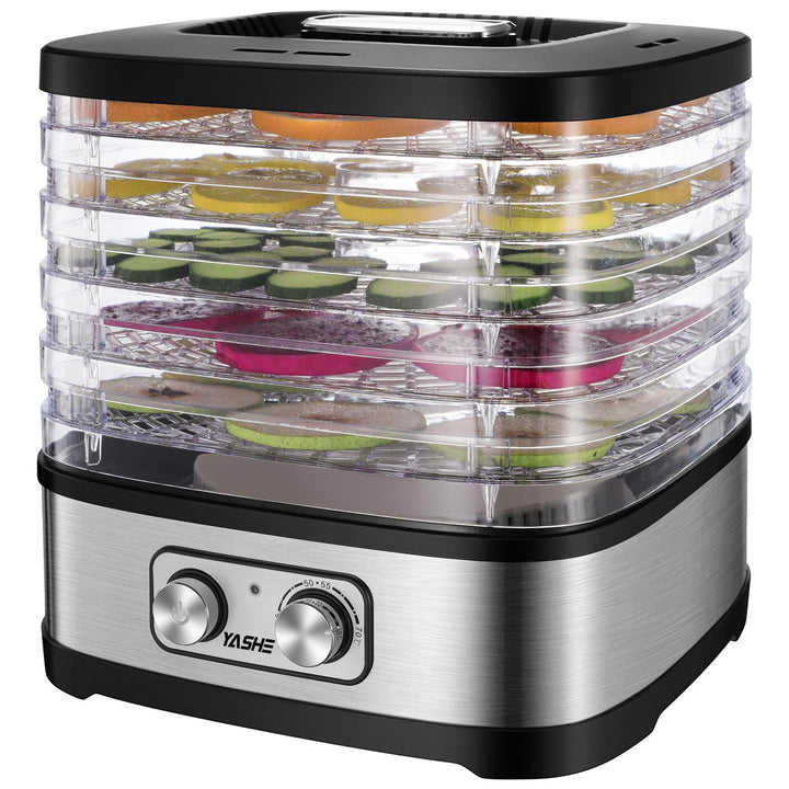 YASHE Dörrautomat, 5 Höhenverstellbare Tabletts, Temperaturregelung 35–70°C, 240W, BPA-Frei, Leiser