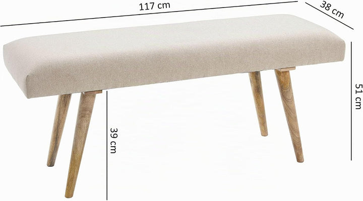 FineBuy Sitzbank Stoff/Massivholz Bank beige 117x51x38 cm im Retro Stil | 2er Polsterbank Flur | Gep