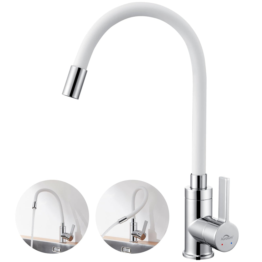 Auralum Flexibler Wasserhahn Küche, Küchenarmatur Weiss mit Flexibler Auslauf, Hochdruck Spültischar