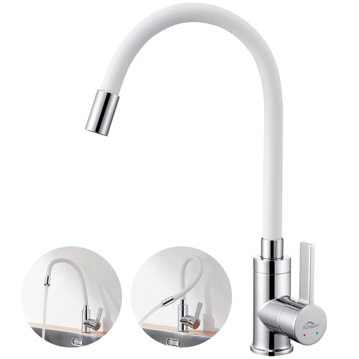 Auralum Flexibler Wasserhahn Küche, Küchenarmatur Weiss mit Flexibler Auslauf, Hochdruck Spültischar