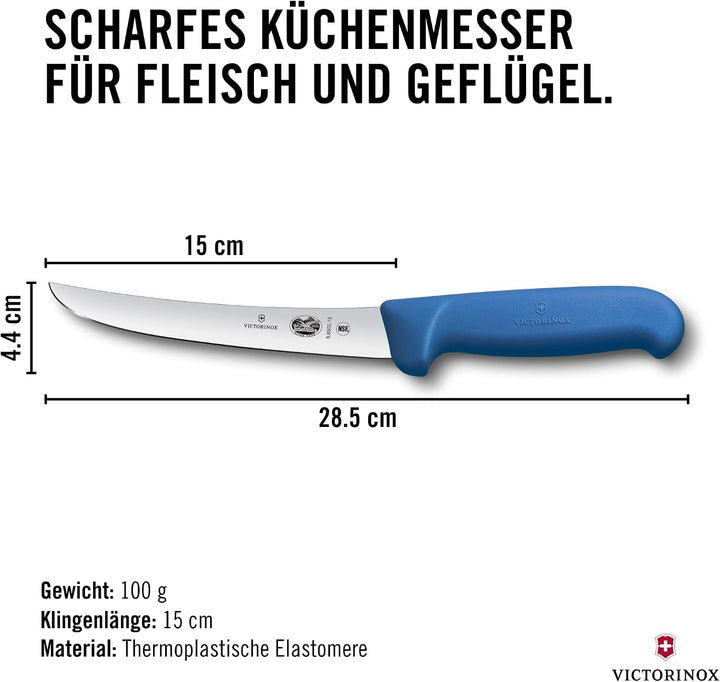 Victorinox Fibrox Ausbeinmesser, Scharfes Küchenmesser für Fleisch und Geflügel, 15 cm, Gebogene Kli