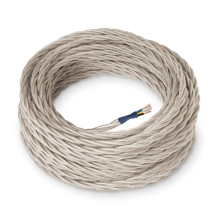 Amarcords - Textilkabel für Lampen ELFENBEIN, geflochten, Seide, 5 Meter, mit Erdung 3x0,75 - Stoffk