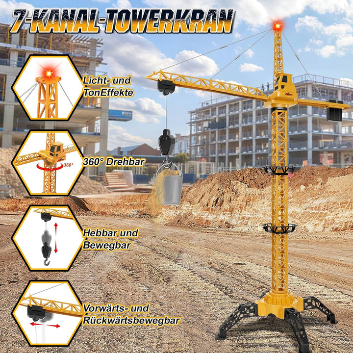 Herenear Ferngesteuerte Kran Spielzeug, 140 cm Hohe Spielzeug Kran Mit Hebehaken, 360° Drehung, Lich