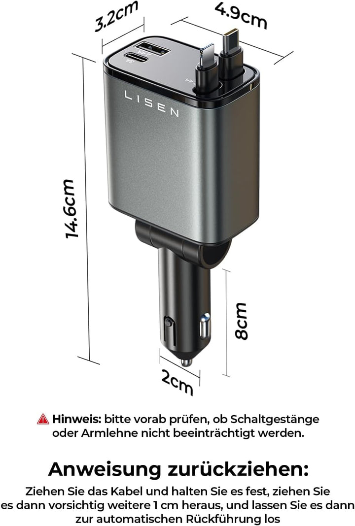 LISEN 69W Einziehbares Zigarettenanzünder USB C Schnellladegerät Ladegerät Auto Retractable ladekabe