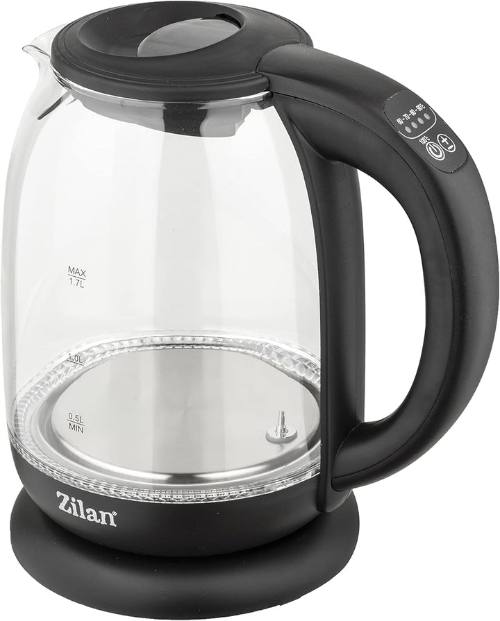 Zilan kabelloser Wasserkocher aus Borosilikatglas mit digitalen Display und LED, 1,7 l, 5 Temperatur
