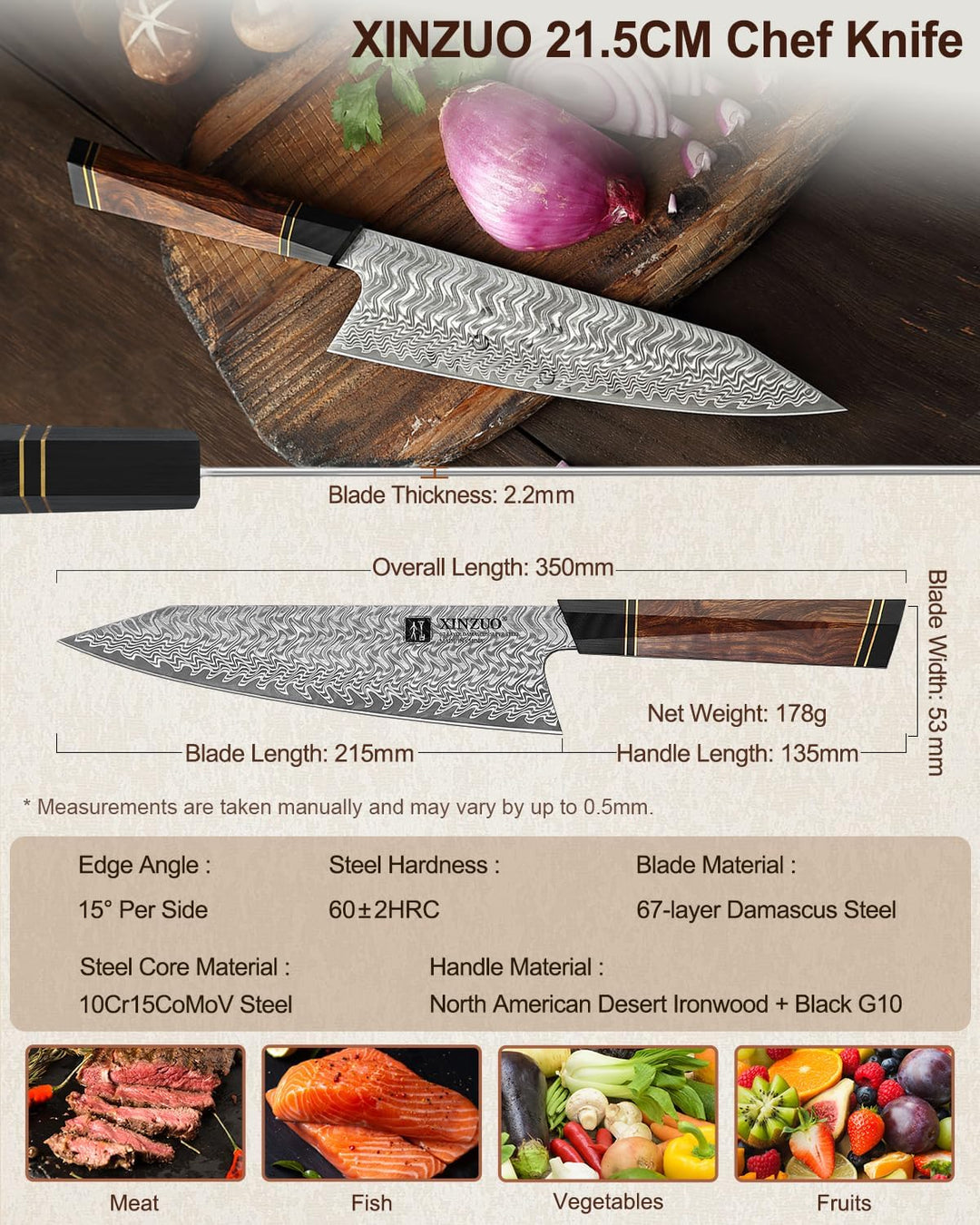 XINZUO Damaststahl 21.5cm Kochmesser, handgeschmiedetes Kiritsuke Chefmesser Profi Küchenmesser-Wüst