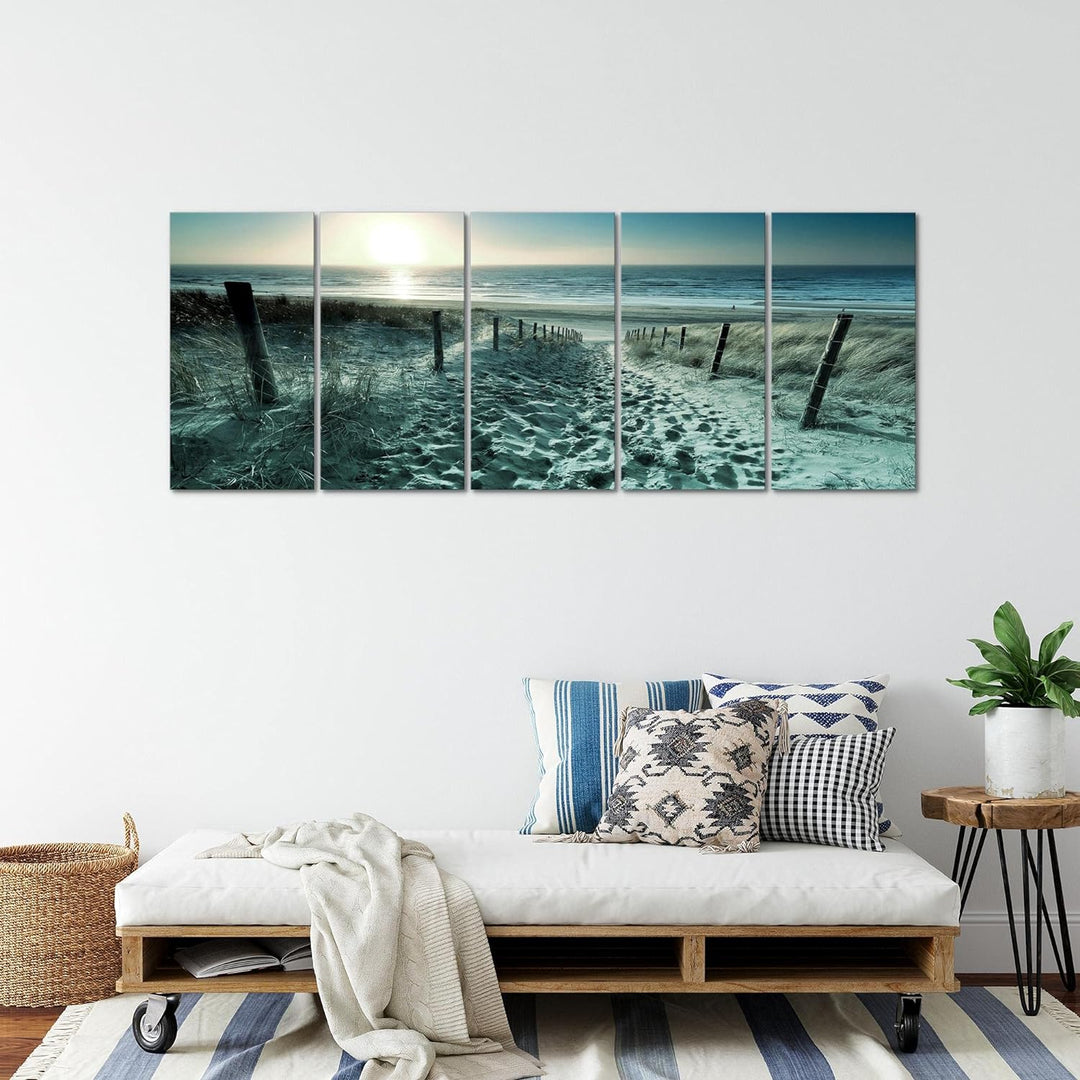 Runa Art Wandbild XXL Strand Sonnenuntergang Schlafzimmer Wohnzimmer 200 x 80 cm Türkis Grau 5 Teili