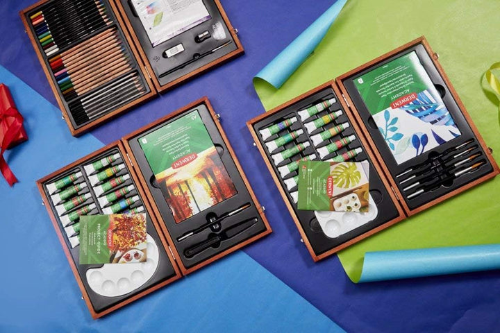 Derwent Academy Acryl Malset, Acrylfarben in einer Geschenk-Box aus Holz, Malen, 18er-Set, Inklusive