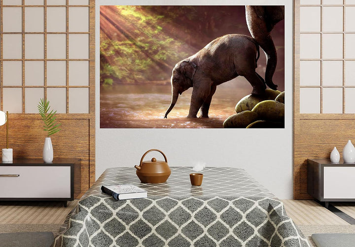 Artley Prints Baby Elefant und Mutter im Wald Leinwanddruck Tier-Wandkunst Bilder Home Office Decor