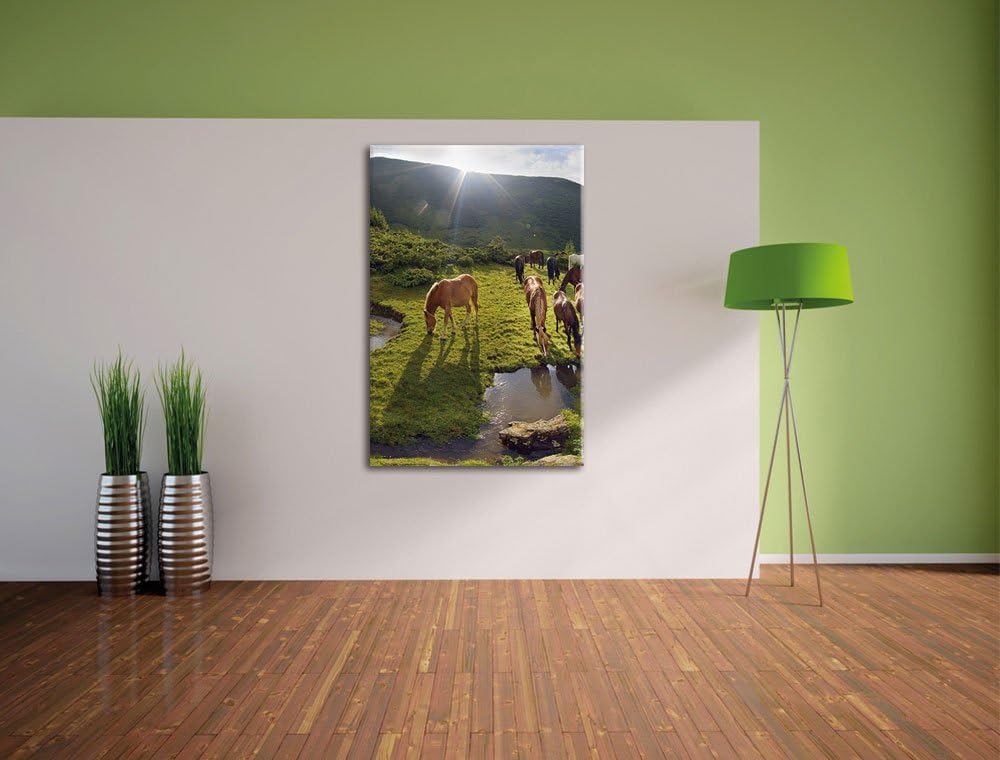 Pferde auf Wiese, Format: 100x70 auf Leinwand, XXL riesige Bilder fertig gerahmt mit Keilrahmen, Kun
