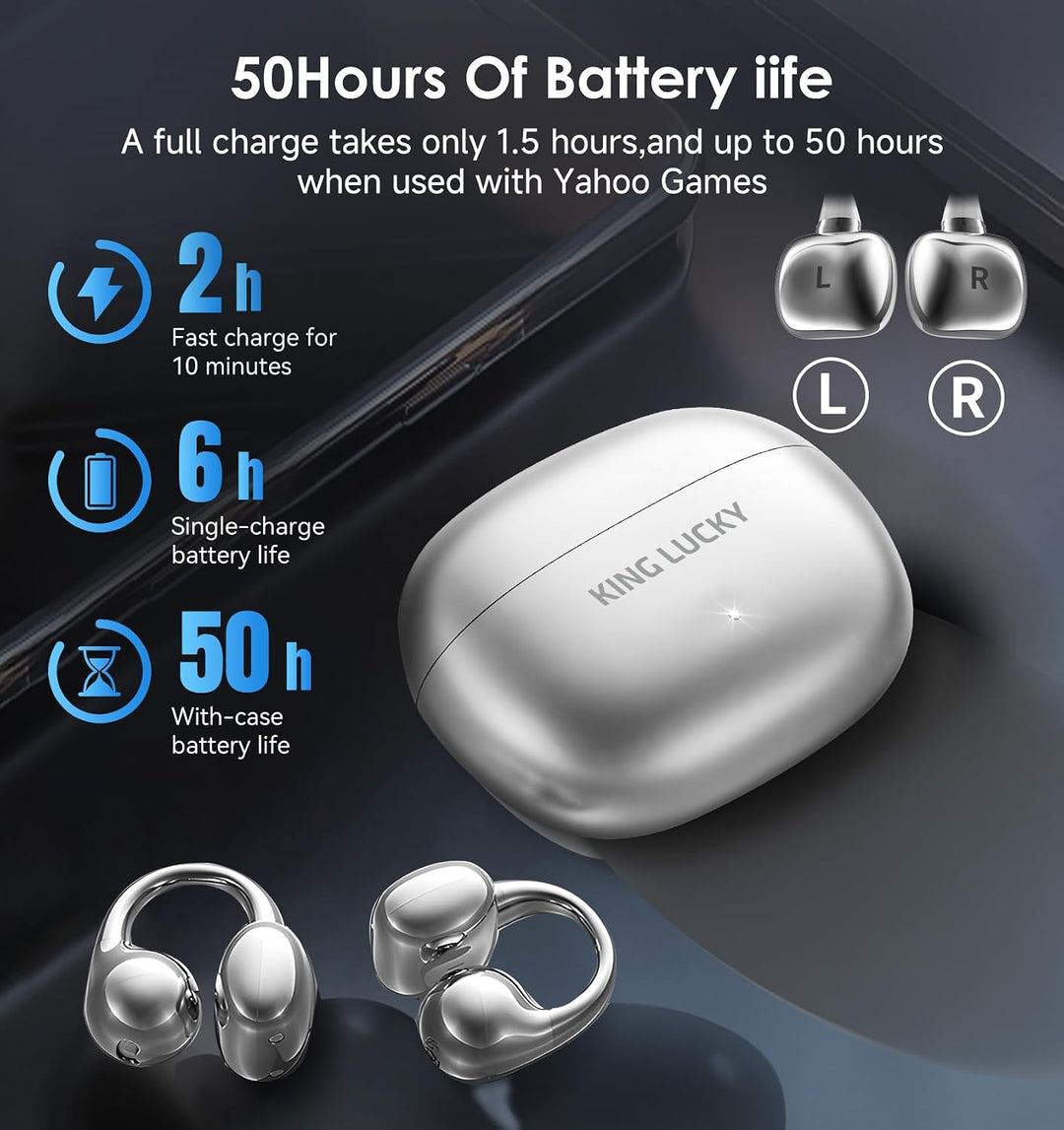 Kinglucky Open-Ear-Kopfhörer Kabellos Bluetooth 6.0–Clip-On-Ohrhörer mit Mikrofon,50h Spielzeit,ENC,